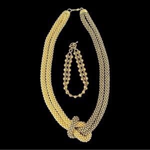 Vintage 2 Tone Gold Costume Chunky Wide Beaded Knot 18" Necklace 7" Bracelet Set